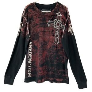 Raw State Black Red Cross Wings Graphic Thermal Shirt XL Crew Neck Long Sleeve